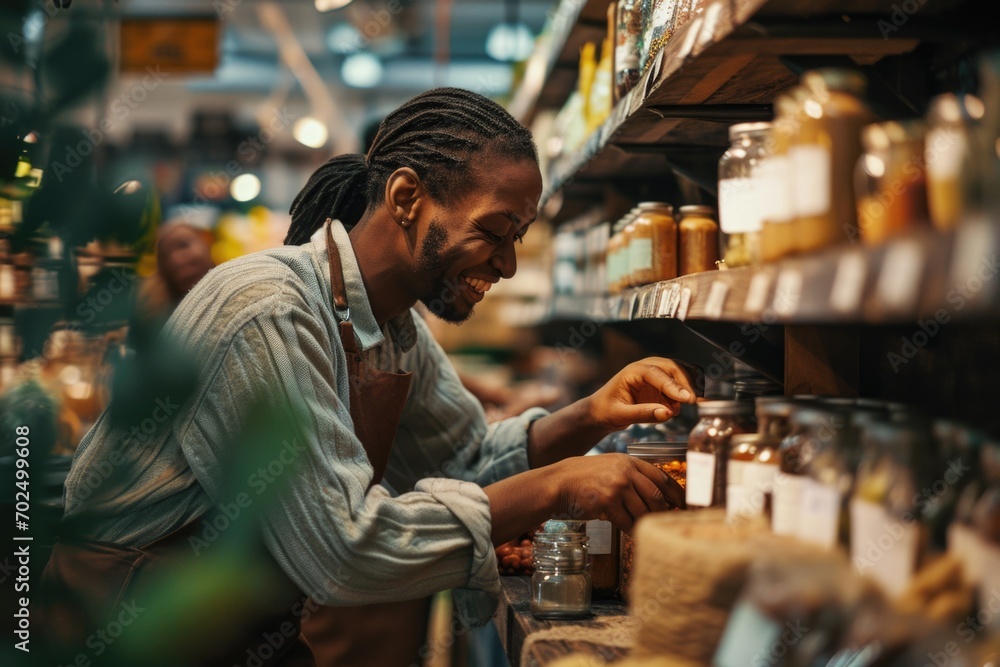 Poster A man is seen browsing through a selection of jars of food in a store. This image can be used to depict grocery shopping, food choices, or healthy eating habits