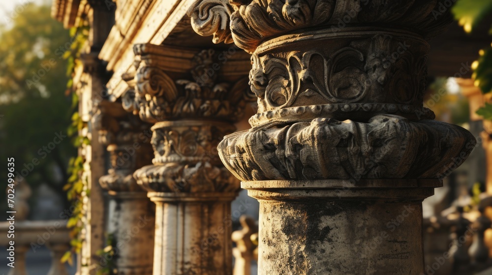 Poster Close-up view of a building featuring elegant columns. Suitable for architectural designs and historical projects