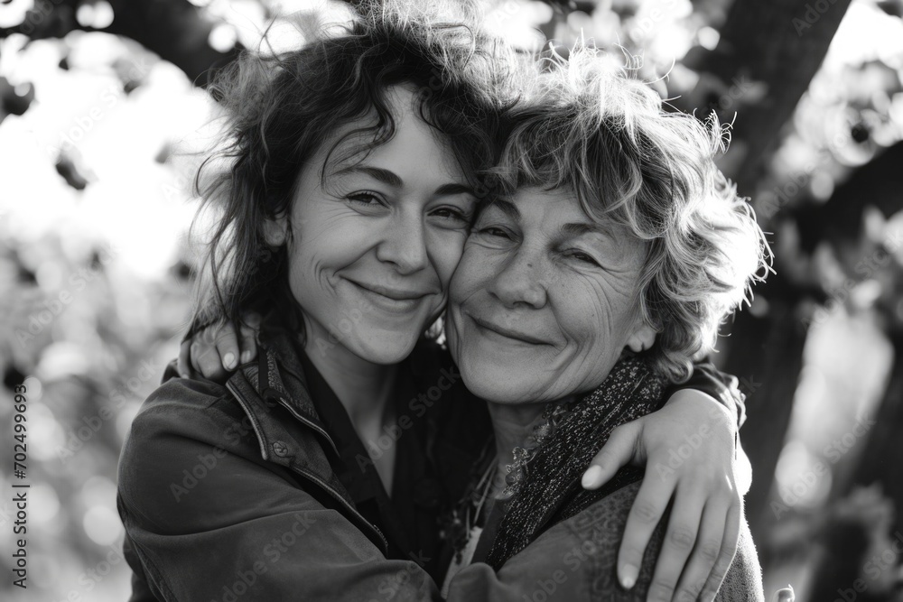 Poster a touching black and white photo capturing the warm embrace of two women. perfect for illustrating f