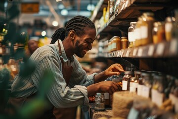 A man is seen browsing through a selection of jars of food in a store. This image can be used to...