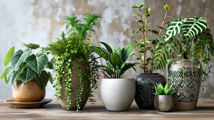 A collection of various plants in pots placed on a table. Suitable for home decor, gardening, and interior design projects
