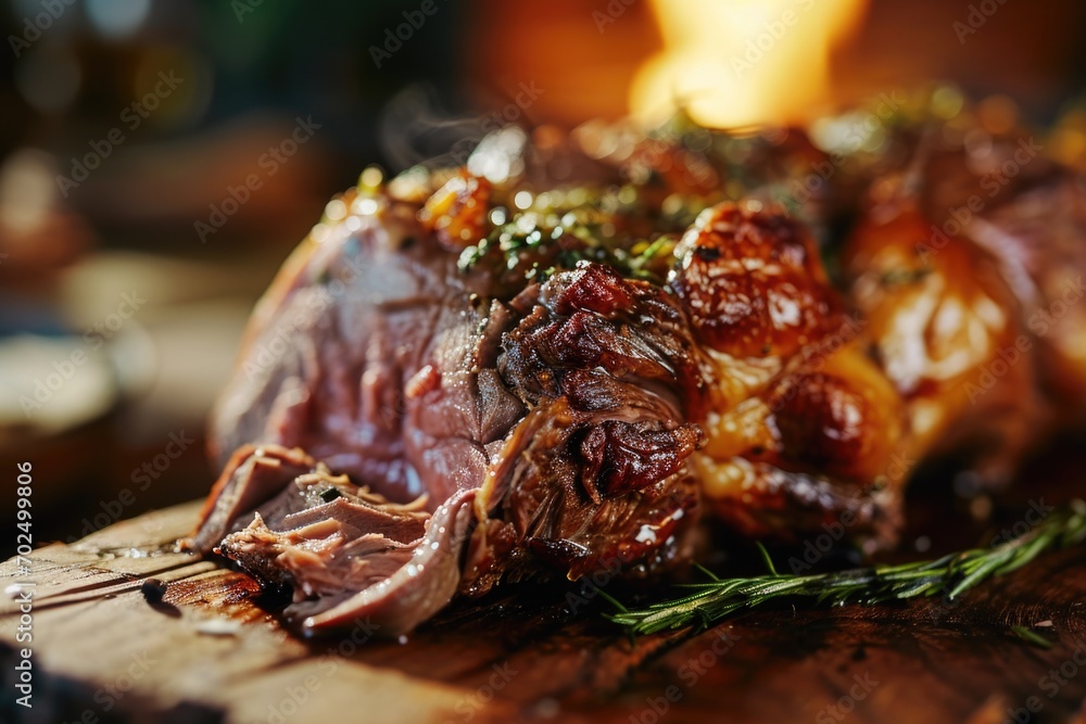 Poster a piece of meat displayed on a rustic wooden cutting board. ideal for food preparation and cooking p
