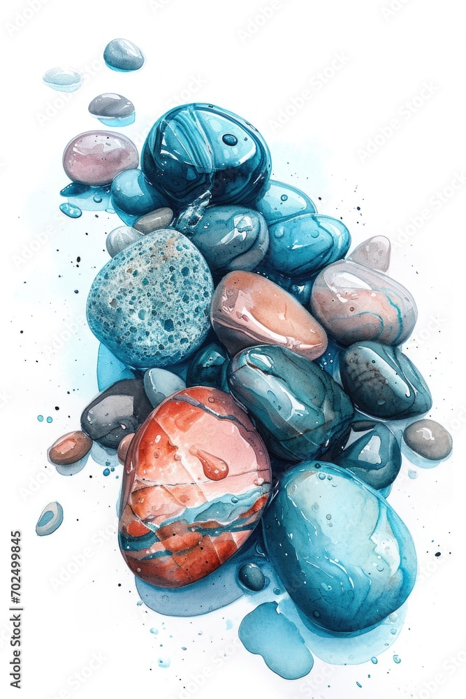 Poster a painting of rocks and stones on a white surface. suitable for a variety of design projects