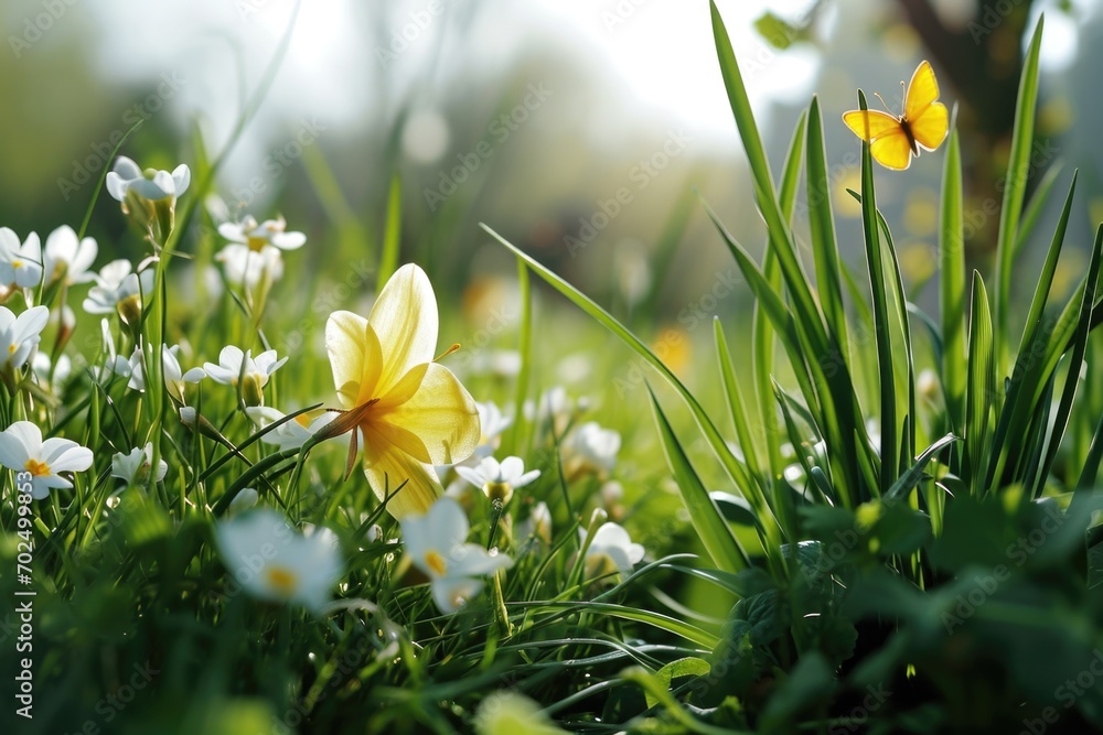 Poster a beautiful yellow butterfly gracefully flies over a field filled with delicate white flowers. perfe
