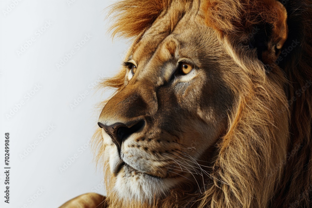 Poster a close up photograph of a lion against a white background. suitable for various uses