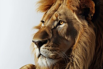 A close up photograph of a lion against a white background. Suitable for various uses