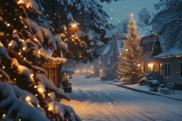 Snowy street with a beautifully lit Christmas tree in the middle. Perfect for holiday decorations or winter-themed designs