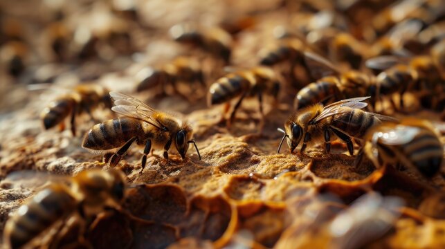 A bunch of bees on dirt. Perfect for nature enthusiasts or educational materials