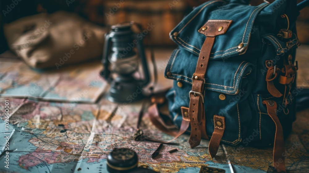 Poster a blue backpack is placed on top of a map, ready for an adventure