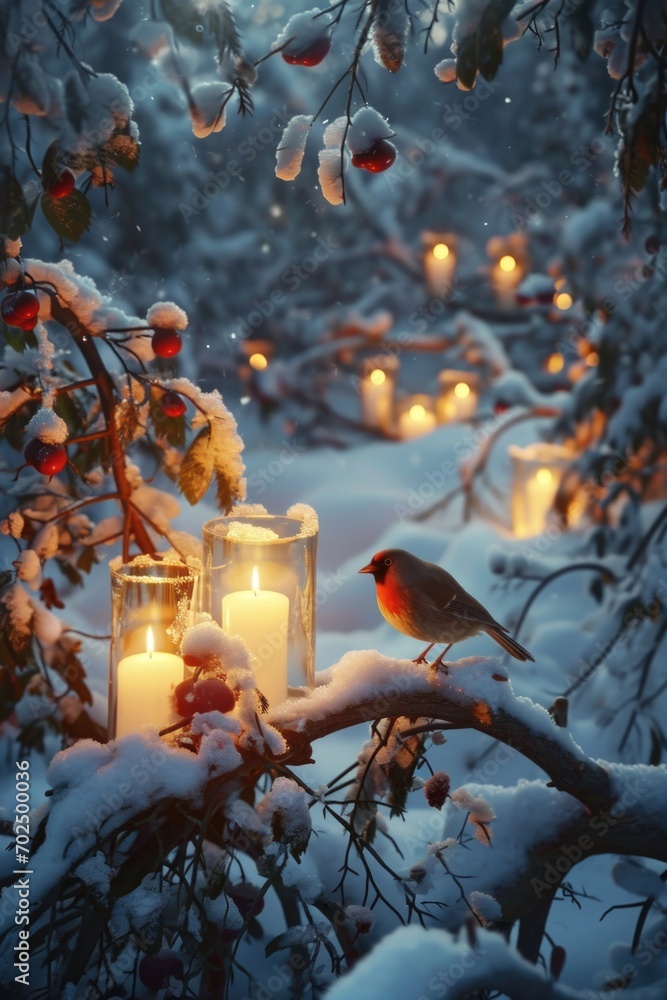 Poster a bird perched on a branch next to a lit candle. this image can be used to symbolize tranquility and