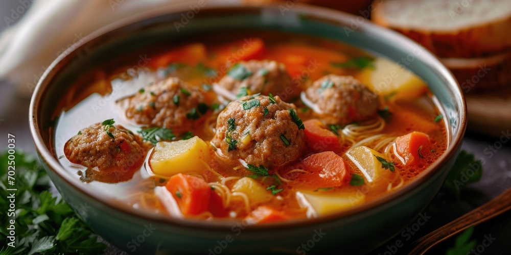 Wall mural A delicious bowl of soup filled with savory meatballs and fresh vegetables. Perfect for a comforting meal. Can be used in recipes or food-related content