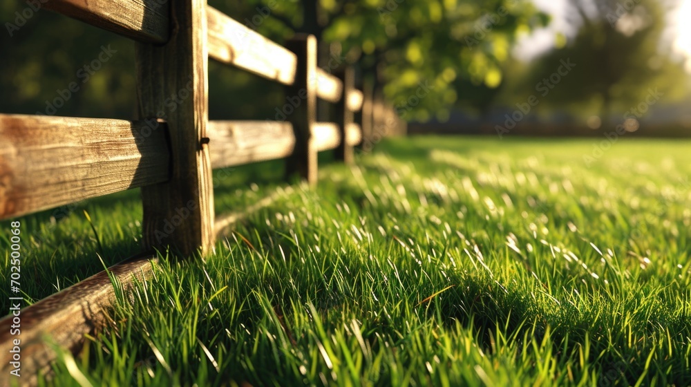 Poster a detailed view of a wooden fence surrounded by green grass. suitable for various uses