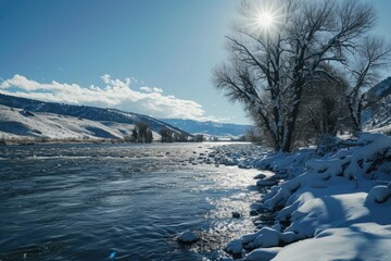 The sun shines brightly on a snowy river bank. Perfect for winter landscapes and nature scenes