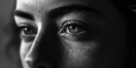 Naklejka premium A captivating black and white photo capturing the beauty and depth of a woman's eyes. Perfect for adding a touch of elegance and mystery to any project