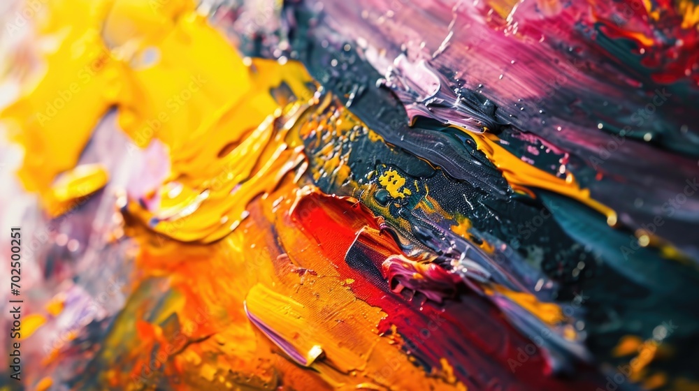 Poster A close-up view of a vibrant and multicolored painting. This picture can be used to add a pop of color and artistic touch to various design projects