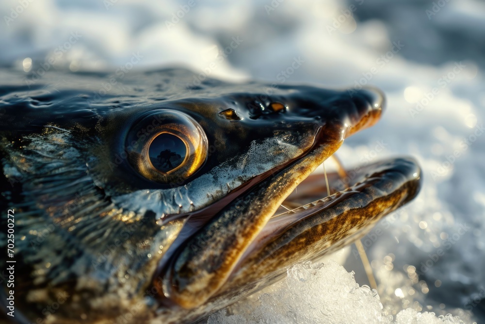Poster A close-up image of a fish with its mouth wide open. This picture can be used to depict various concepts related to marine life, aquatic animals, or even hunger and eating