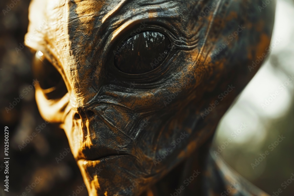 Poster A close up photograph of a statue depicting an alien. This unique and intriguing image can be used for various purposes