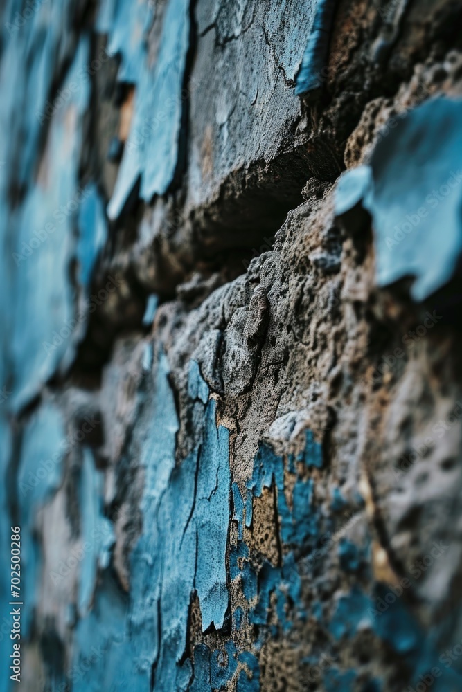 Poster A detailed view of peeling paint on a weathered stone wall. Perfect for adding texture and character to design projects