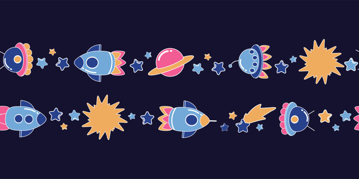 Seamless border with rocet, spaceship, stars, sun and planet with white outline on dark blue background. Cartoon vector illustration for childish textile, school stationery, wallpaper.