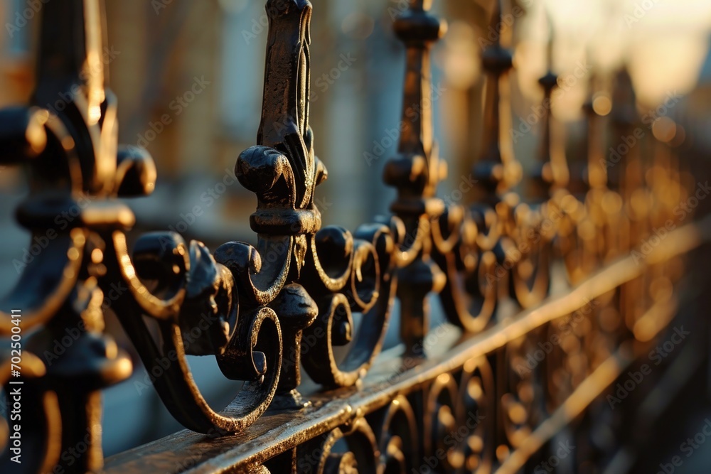 Poster metal fence with a building in the background. suitable for architectural or urban-themed projects