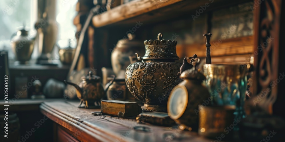 Poster A collection of antique items displayed on a shelf. Perfect for adding a touch of vintage charm to any design project