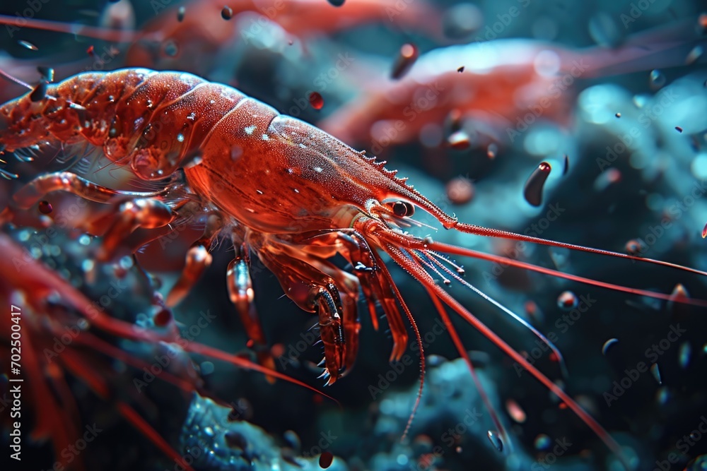 Poster a detailed view of a vibrant red shrimp submerged in water. perfect for aquatic-themed projects or s
