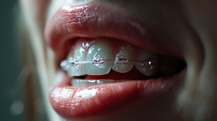 A close-up view of a person's mouth with braces. This image can be used to illustrate orthodontic treatment or the process of straightening teeth - obrazy, fototapety, plakaty