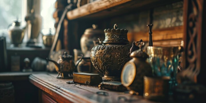 A collection of antique items displayed on a shelf. Perfect for adding a touch of vintage charm to any design project