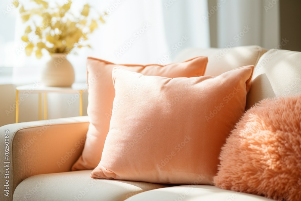 Poster pillow in trendy color peach fuzz. background with selective focus and copy space