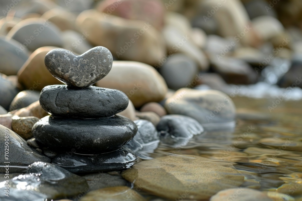Poster a cairn with a heart-shaped stone on top. background with selective focus and copy space