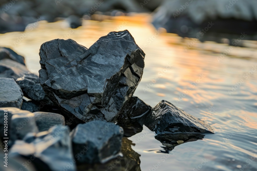 Poster heart-shaped stone in a mountain stream. background with selective focus and copy space