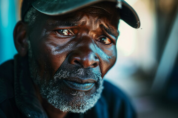 Dramatic portrait of a refugee man. Background with selective focus and copy space