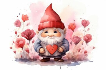 Cute watercolor gnome. Background with selective focus and copy space