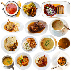 Collage of tasty Czech dishes on white background