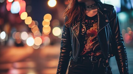 a black leather jacket paired with a bold graphic tee and sleek slimfit pants creates an edgy yet casual look. - obrazy, fototapety, plakaty
