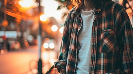Cool and Collected Effortlessly stylish and ecofriendly, this outfit combines a thrifted flannel shirt, an organic white tee, and sustainable slipon shoes for a casual yet puttogether look. - obrazy, fototapety, plakaty