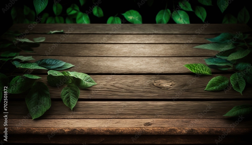 Poster simplicity and nature: an empty wooden table, ideal for a banner backdrop, inviting a serene atmosph