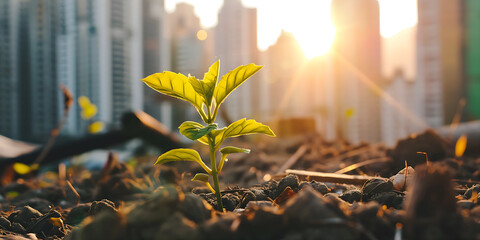Plant growing with buildings in background - obrazy, fototapety, plakaty