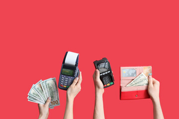 Female hands with payment terminals, wallet and money on red background