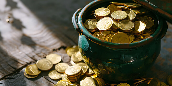 Saint Patrick's day. Gold coins in pot