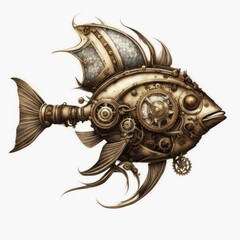 Mechanical steampunk fish on a white background.