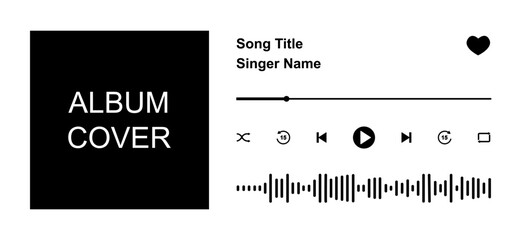 Design of music player app interface with song photo frame, buttons, loading bar and sound wave elements. Horizontal arrangement. Vector graphic illustration isolated on white background © vikusha_art