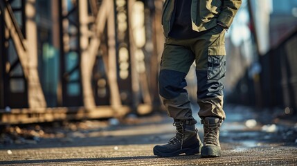 Ready for any adventure a color block anorak in shades of olive and navy, paired with relaxed fit cargo pants and sy hiking boots.