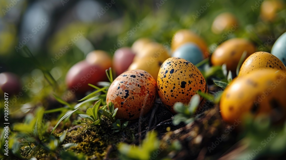 Canvas Prints A bunch of eggs laying on the ground in a field, AI