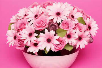 Beautiful flower-filled vase on pink background, 8th March Womens Day composition