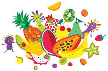 Probiotic bacteria mascots and fruit composition. Healthy food concept. Vector EPS + JPEG + Transparent PNG