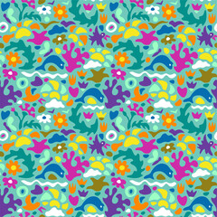 Summer sea vacation abstract seamless pattern with water waves, clouds, dolphins, birds, flowers, corals, seaweeds, butterflies and sun. Matisse minimalistic style