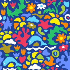 Fototapeta na wymiar Sea abstract seamless pattern. Summer vacation background with water waves, clouds, dolphins, birds, flowers, corals, seaweeds, butterflies, and sun. Matisse minimalistic style