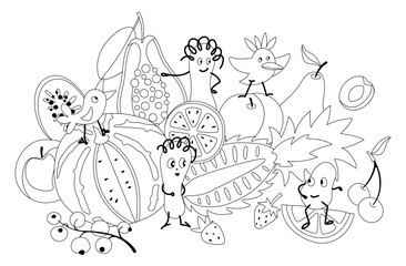 Healthy food composition with fruits, birds and probiotic bacteria characters in black and white. Colored page background. Editable stroke. Vector EPS + JPEG + Transparent PNG 