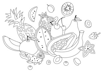 Fruits composition. Healthy food concept in black and white. Colored page background. Editable stroke. Vector EPS + JPEG + Transparent PNG